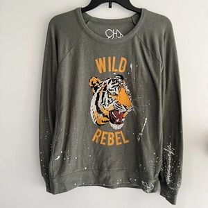 Chaser Green Wild Rebel Tiger Sweatshirt Size Small Distressed Shabby Chic